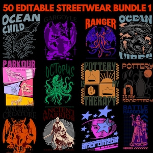 50+ bearbeitbares Streetwear-Bundle1 T-Shirts-Designs, Anime-Designs, Popkultur-Designs, Grafikdesigns, Premium Streetwear-Urban-Style-Design