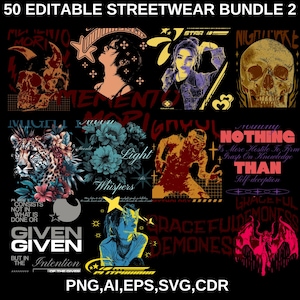 50+ bearbeitbares Streetwear-Bundle2 T-Shirt-Designs, Anime-Designs, Popkultur-Designs, Grafikdesigns, Premium Streetwear-Urban-Style-Design