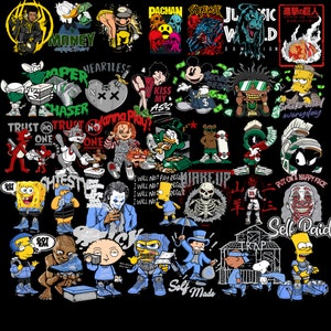 May include: A colorful collage of cartoon characters and graphics, including Pac-Man, Mickey Mouse, SpongeBob SquarePants, and a variety of other popular characters. The image features a variety of colors, including red, blue, green, yellow, and black. The image also includes text, such as "Money", "Trust No One", and "Self Paid".