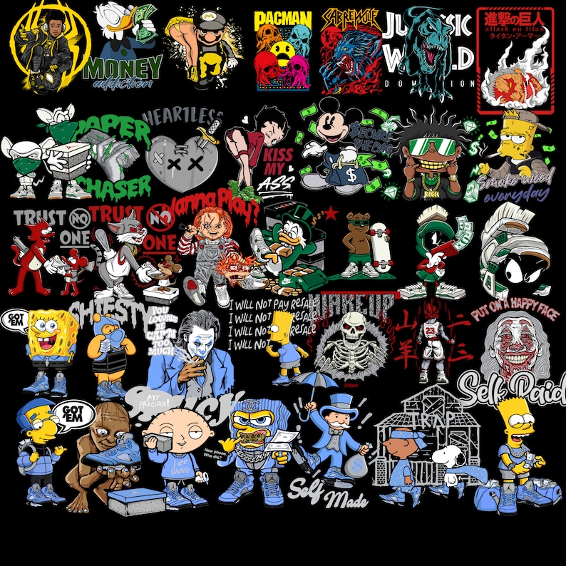 May include: A colorful collage of cartoon characters and graphics, including Pac-Man, Mickey Mouse, SpongeBob SquarePants, and a variety of other popular characters. The image features a variety of colors, including red, blue, green, yellow, and black. The image also includes text, such as "Money", "Trust No One", and "Self Paid".