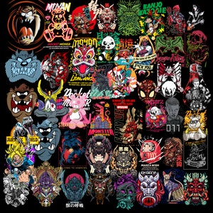 May include: A collage of colorful illustrations featuring various characters, animals, and designs. The images include a lion, a monster, a panda, a skull, a dragon, and a variety of other creatures. The collage is set against a black background.