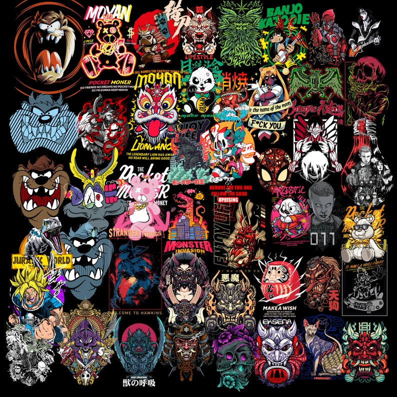 May include: A collage of colorful illustrations featuring various characters, animals, and designs. The images include a lion, a monster, a panda, a skull, a dragon, and a variety of other creatures. The collage is set against a black background.