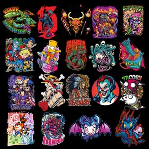 May include: A collection of 20 colorful cartoon illustrations featuring various characters and themes. The illustrations include a karate character, a monster, a clown, a video game character, and more.