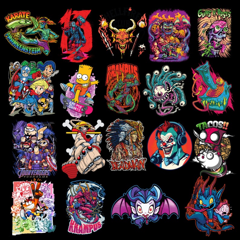 May include: A collection of 20 colorful cartoon illustrations featuring various characters and themes. The illustrations include a karate character, a monster, a clown, a video game character, and more.