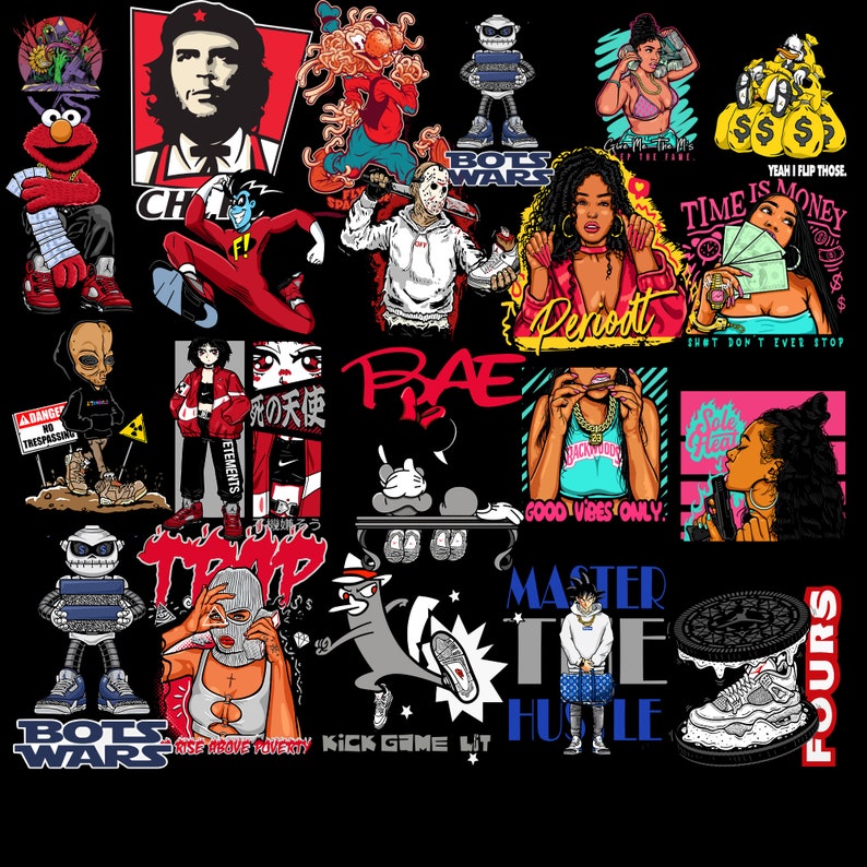May include: A collage of colorful illustrations featuring various characters, slogans, and designs. Some of the designs include a robot, a cartoon character, a person wearing a mask, and a pair of sneakers. The text in the image includes "Bots Wars", "Rise Above Poverty", "Kick Game Lit", "Master the Hustle", "Good Vibes Only", "Sole Heat", "Time is Money", "Shot Don't Ever Stop", "Periodt", "Bae", "F", "CH", "Elements", "天使", "PRA", "$$$", "Yeah I Flip Those", and "Fours".
