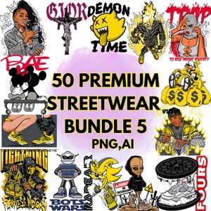 50+ Bundle 5 Streetwear T-Shirt Design Mega Bundle High-Quality PNG and Logo Styles Featuring Premium Content and Unlimited Lifetime Access
