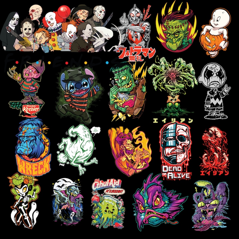May include: A collection of 20 colorful illustrations featuring various spooky and monster characters. The illustrations include a ghost, a zombie, a monster, a skull, a creature from the black lagoon, a vampire, a werewolf, a Frankenstein monster, a clown, a witch, a skeleton, a demon, a goblin, a ghoul, a gremlin, a phantom, a spectre, a wraith, a spirit, and a hobgoblin. The illustrations are perfect for Halloween decorations, party favors, or gifts.