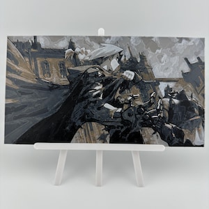 May include: A black and white illustration of a person in a cloak and hat riding a horse. The background is a cityscape with buildings and clouds.