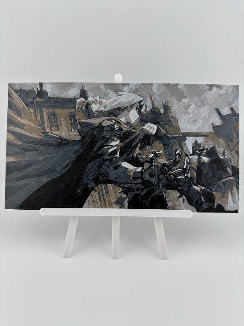 May include: A black and white illustration of a person in a cloak and hat riding a horse. The background is a cityscape with buildings and clouds.