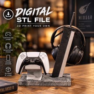 May include: A digital STL file for a 3D printed gaming accessory set featuring a white controller stand and a black and silver sword-shaped headphone stand on a textured base. The text reads DIGITAL STL FILE 3D PRINT YOUR OWN MIDGAR SHINRA.
