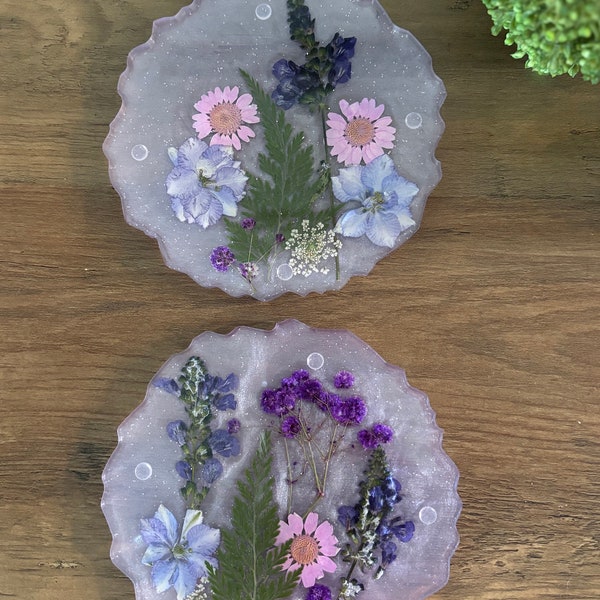 Coasters, Dried Flower Coasters, Resin Coasters, Coaster Gifts, Gifts for Her, Spring, Purple, Handmade