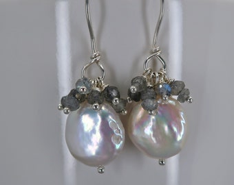 Pearl cluster earrings, white pearls and labradorite, dangle earrings