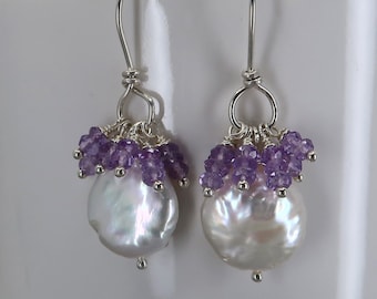 Pearl and gemstone cluster earrings, amethyst, white pearl, sterling silver