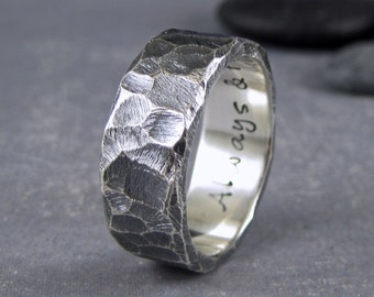 Rustic mens wedding band, custom engraved, 8mm, rough hewn hammered silver ring, metalsmith ring, black silver ring, personalized wedding