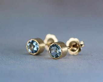14k Gold Blue Topaz Stud Earrings, Gemstone Jewelry
