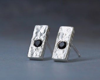 Silver bar studs with black spinel gemstones