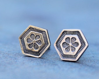 Flower stud earrings, hexagon post earrings, handmade in sterling silver