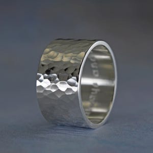 Wide hammered sterling silver ring with personalized inscription