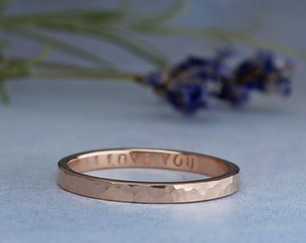 14k rose gold ring, personalized ring, hammered solid gold, 2 mm wide