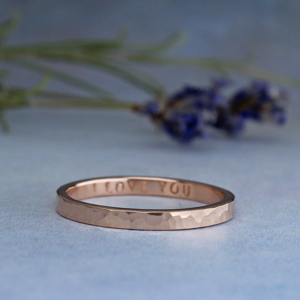 14k rose gold ring, personalized ring, hammered solid gold, 2 mm wide