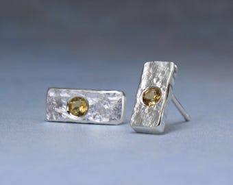 Rustic hammered silver studs with Citrine gemstones