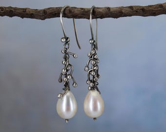Pearl drop earrings - unique handmade jewelry - rustic elegant