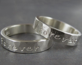 Rustic Hammered Sterling Silver Ring: Custom Engraved Word Ring (4mm)