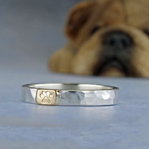 May include: A silver hammered band ring with a gold paw print accent. The ring is on a blue surface.