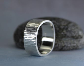 Hammered Sterling Silver Ring in tree bark finish, Custom Engraved Word Ring, 8mm