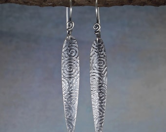 Sterling Silver Spear Earrings with Spiral Pattern – Neolithic Inspired Dangle Earrings