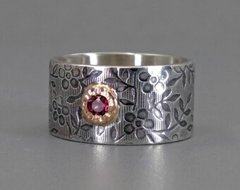 Promise ring, 14k gold and silver, garnet gemstone, ready to ship, fits a size 6.5