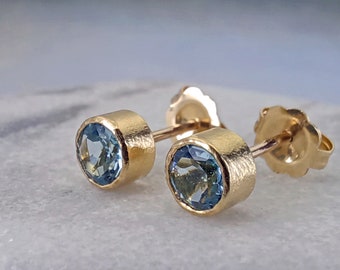 Blue topaz earrings, solid 14k gold, gemstone studs, blue topaz jewelry