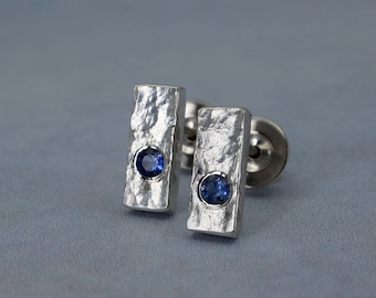 Sapphire stud earrings, hand forged jewelry