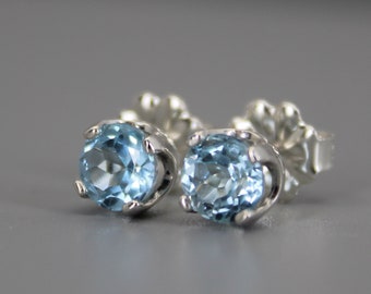 Blue topaz earrings, 6mm stones in sterling silver