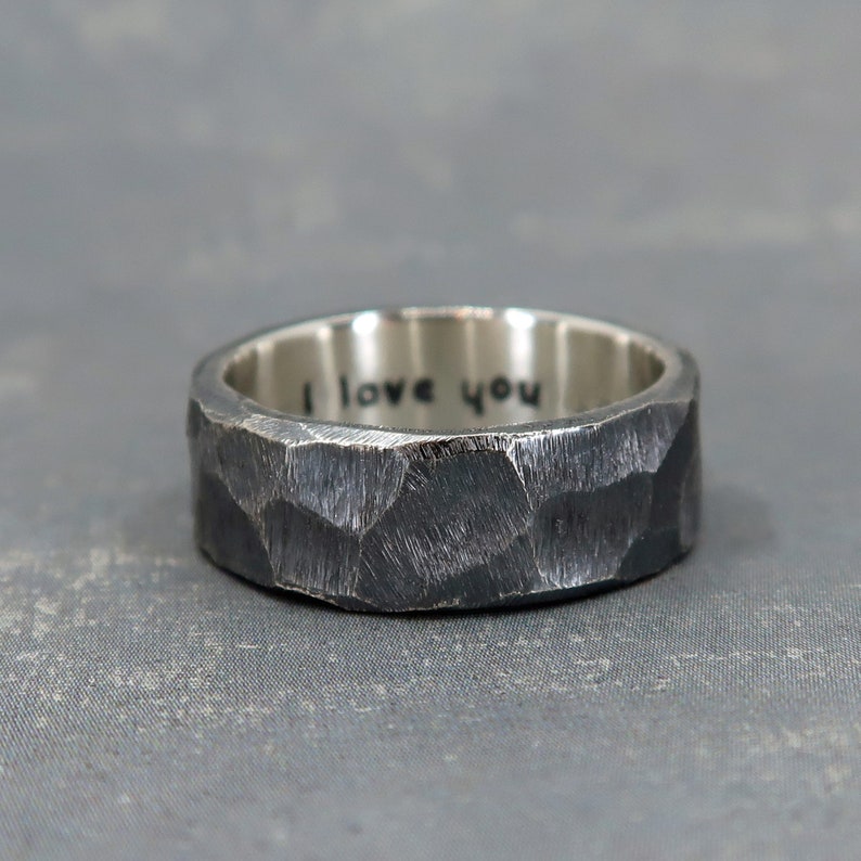 Rustic mens wedding band custom engraved 8mm rough hewn Etsy