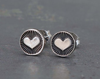 Heart stud earrings, handmade jewelry, sterling silver