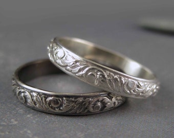 Floral silver band - One sterling silver ring - Antique or bright finish