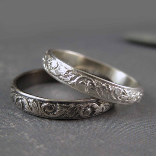 Floral silver band - One sterling silver ring - Antique or bright finish