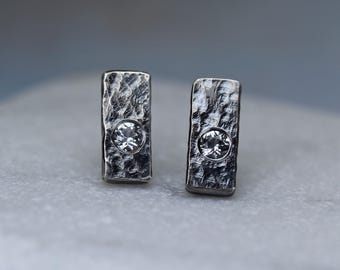 Hammered silver bar studs with white lab sapphires