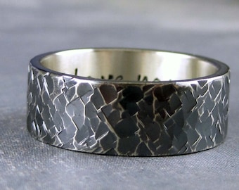 Mens wedding band, black silver ring, personalized ring, sterling silver ring with rugged hammered finish