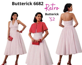 Butterick 6682-Pin up Dress Marilyn Monroe Halter Dress Cap Sleeve Gathered Flared Dress 1952 Vintage Style Size 6-14