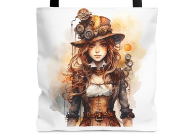 Steampunk Woman Sewing Crochet Tote Bag Gift for Mom Beach Reading Tote