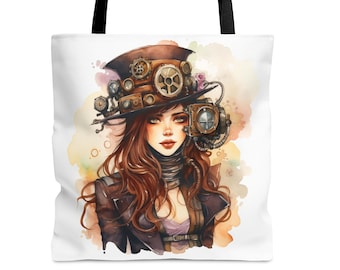 Steampunk Woman Sewing Crochet Tote Bag Gift for Quilter Beach Book Bag Gift for Grandma