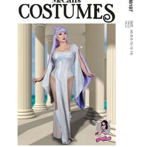 May include: McCall's Costumes pattern M8187 for a floor-length dress with a high front slit, long flowing sleeves, and a square neckline. The garment features a shimmering, textured silver fabric with a purple lining. Includes size A5 (6-8-10-12-14).