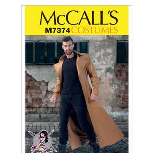 May include: A McCall's M7374 sewing pattern envelope featuring a tan trench coat costume. The cover displays a tan long coat, a black t-shirt, and black jeans. The text reads McCall's M7374 Costumes. A small cartoon logo is in the corner.