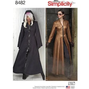 May include: Simplicity pattern 8482 features two long, floor-length coats with front zippers. One version is black with a hood and long sleeves, while the other is a tan, collared coat with long sleeves. Both designs showcase a fitted bodice.