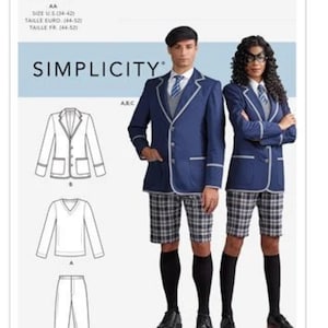 May include: Simplicity sewing pattern S9094 featuring a navy blue blazer with white piping, a grey V-neck sweater, a blue striped tie, and grey plaid shorts. The pattern includes technical line drawings for a blazer, sweater, and shorts.