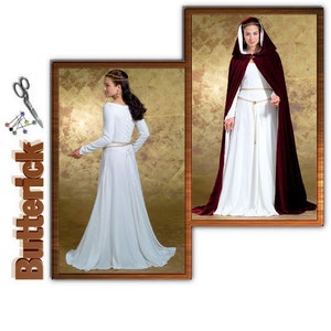 May include: Two images of medieval-style gowns. One shows a long-sleeved white dress with a flowing skirt and a thin gold belt. The other shows a white dress with a burgundy hooded cloak. Both have gold headbands. The word "Butterick" is on the left.