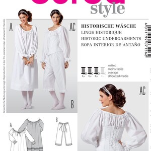 May include: A sewing pattern for historical undergarments, including a chemise, pants, and a corset. The pattern is available in sizes 36 to 50 and 10 to 24. The pattern is from Burda Style magazine, issue number 7156.
