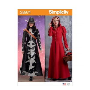 May include: Simplicity pattern S8974 featuring two costume designs. The left shows a black long coat with silver tribal-style patterns and a cowboy hat. The right shows a red hooded floor-length dress with long sleeves and a front button closure.